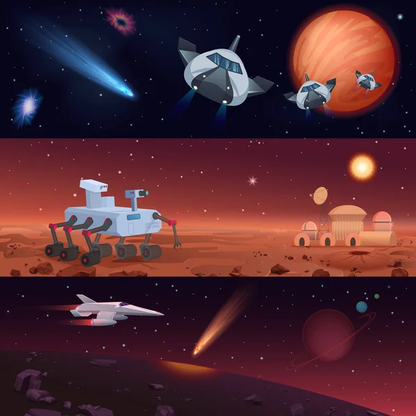 Reihe Von Vektorillustrationen Von Robotern Und Raumschiffen Die Mission Der — Stockvektor