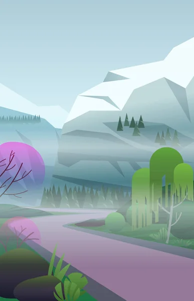 Paisaje vertical vectorial con niebla, camino remoto con árboles verdes entre montañas nevadas bajo cielo azul . — Vector de stock