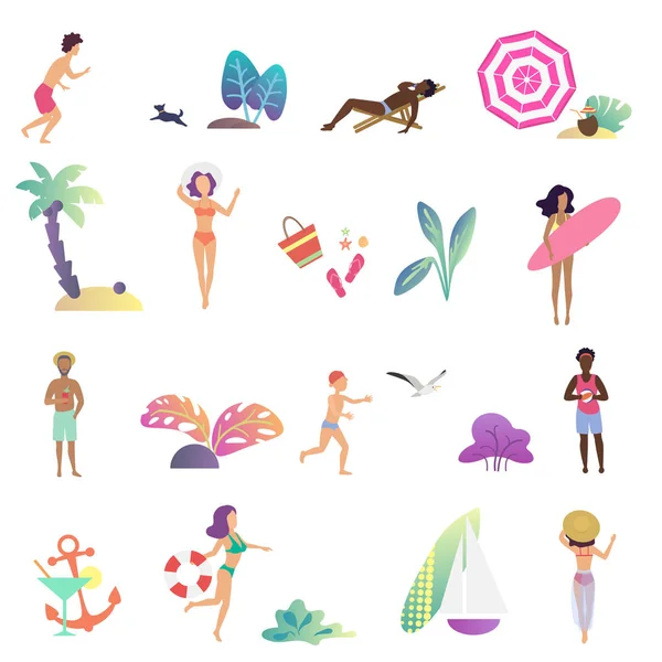 Letní relaxační lidí a rekreační činnost v ocean beach ikony nastavení. Moderní přechodu flat design vektorové ilustrace. — Stockový vektor