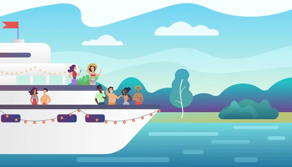 Gente sonriente amigos haciendo fiesta de lujo en barco ferry. Ilustración del vector del concepto de vacaciones, viajes por mar y amistad . — Vector de stock