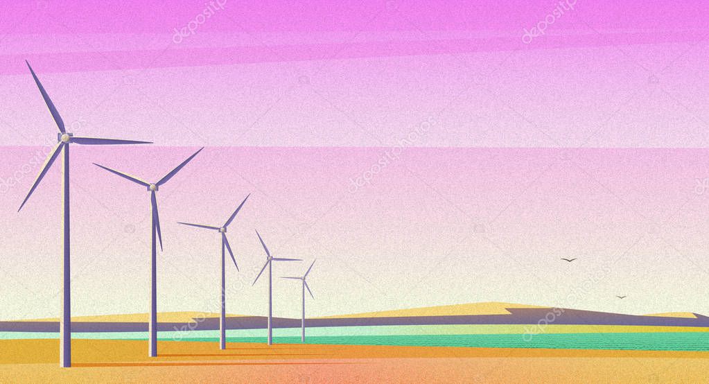 Illustration with rotation windmills for alternative energy resource in spacious field with pink sunset sky. Film camera noise effect.