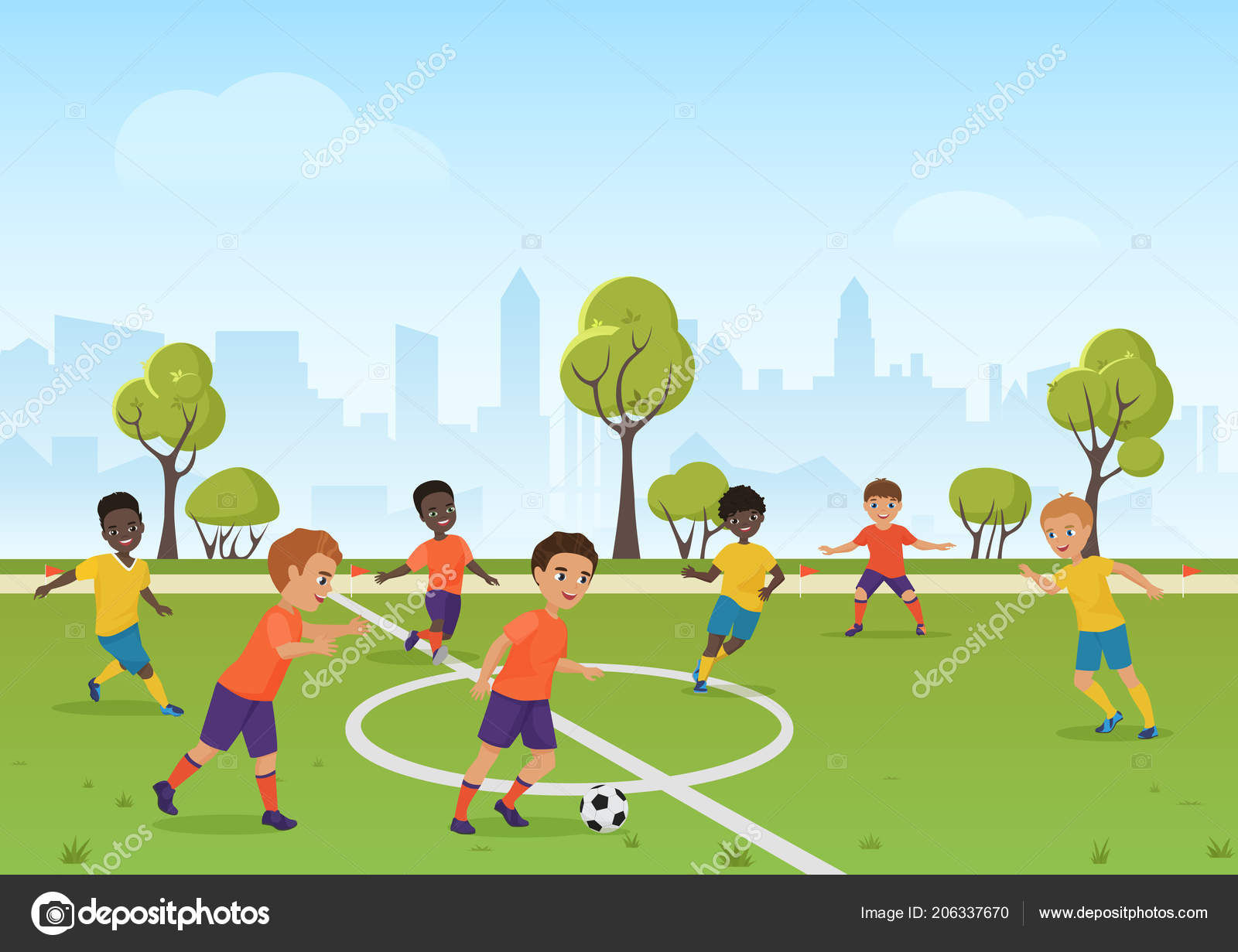 Três menino jogando futebol, criança futebol Cartoon Sport, jogar