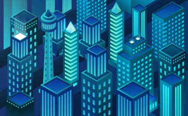 Vektör izometrik sanal gerçeklik şehir. Blok zinciri city. Gece içinde gökdelenler.