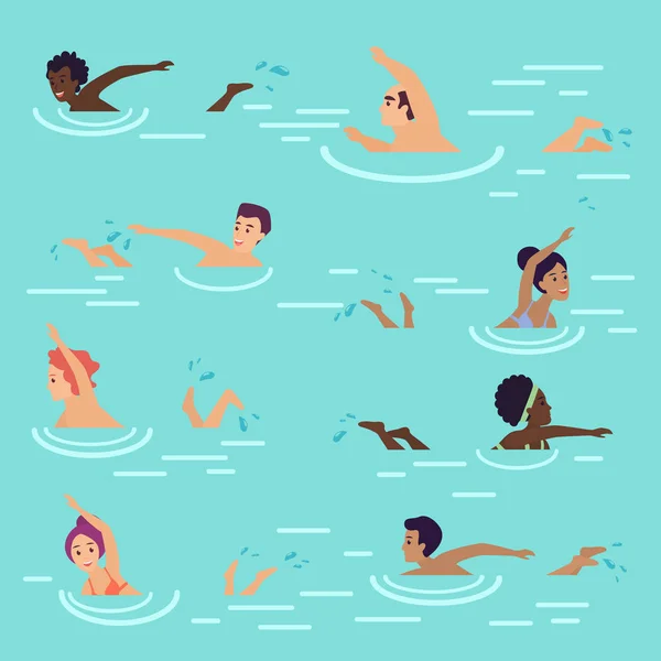 Διάνυσμα κινουμένων σχεδίων επίπεδη καλοκαίρι χωρίς ραφή πρότυπο με ανθρώπους κολύμπι στη θάλασσα ή στην πισίνα. Κολυμβητές στο νερό. — Διανυσματικό Αρχείο