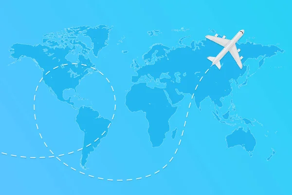 Mapa do mundo vetorial com avião voador e tracejado conceito de viagem de aeronaves . — Vetor de Stock