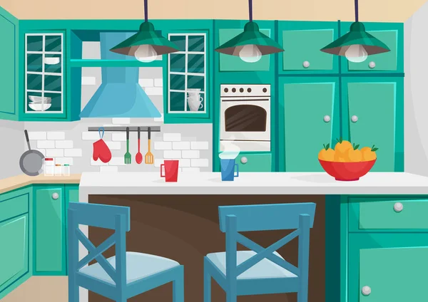 Cartoon volumetrische vectorillustratie van gezellige vintage retro keuken interieur. — Stockvector