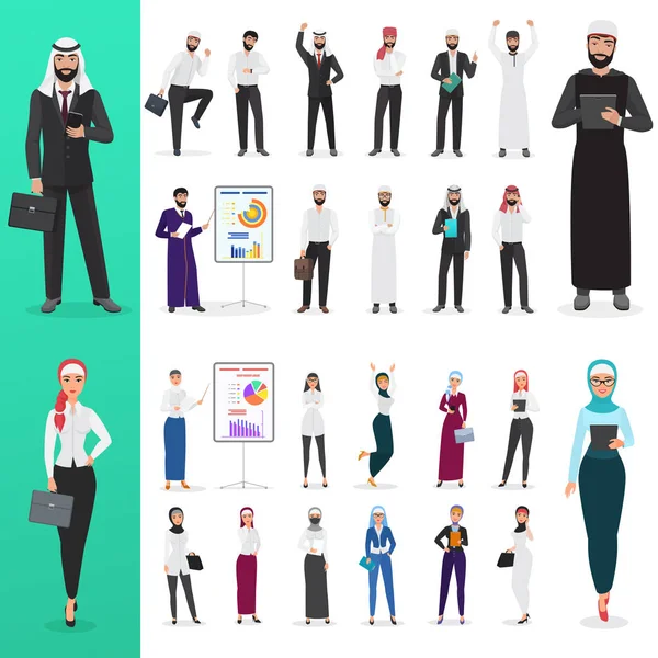 ワーキング オフィス文字デザイン セット ベクトル アラビアのイスラム教ビジネス人とビジネス女性ポーズ. — ストックベクタ