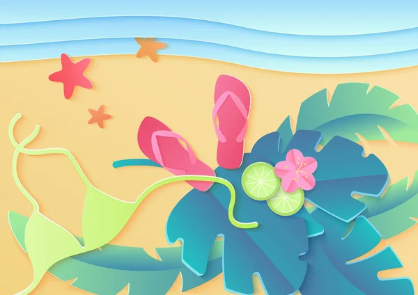 Vista superior de feriados de verão ilustração cartaz com sutiã, estrela do mar, chinelos, folhas tropicais de palma e flores . —  Vetores de Stock
