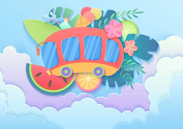 Vektor trendiga gradient mittenrutan papper stil sommar semester koncept med buss i moln, surfing board, frukter, cocktail, glass, palm tropiska blad och blommor. — Stock vektor