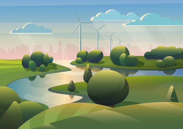 Tierras verdes campo paisaje con río, aerogeneradores molinos de viento y la ciudad moderna bajo el cielo azul. Ecología energía eólica alternativa . — Archivo Imágenes Vectoriales