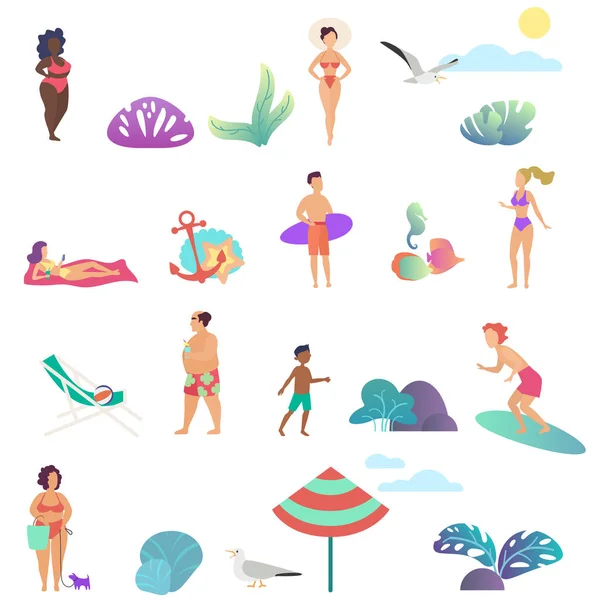 Letní aktivity lidí v ocean beach ikony nastavení. Moderní přechodu flat design vektorové ilustrace. — Stockový vektor