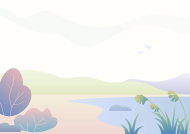 Fantastik, göl, modern degrade doğa vektör çizim, kırsal basit sonbahar yatay.