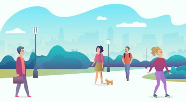 Modern Eko şehirde insanlar yaşam. İnsanlar arka planda Gökdelenler ile güzel bir kentsel parkta doğada rahatlatıcı. Popüler çizgi film degrade renk vektör çizim.