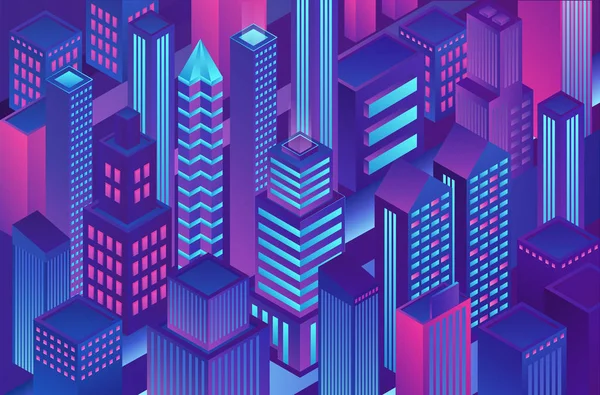 Isometrisk trendiga violett blå tonad färg city mall illustration av kryptografi, online elektronisk finans och säkra bank. — Stock vektor