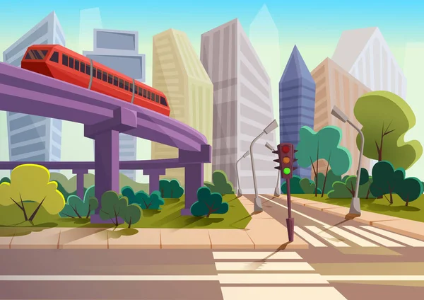 벡터 만화 현대적인 도시 파노라마 유리 마천루와 높은 방법 지하철 풍경 배경. — 스톡 벡터