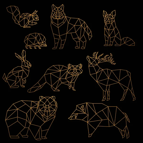 Low poly luxury golden line animals set. Origami poligonal gold line animals. Wolf bear, deer, wild boar, fox, raccoon, rabbit and hedgehog on black background. — Stock Vector