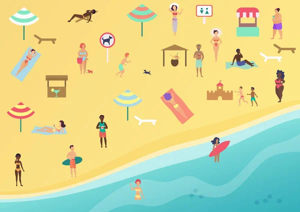 Personas en la playa realizando actividades de ocio y relajación. Tomar el sol, hablar, surfear y nadar en el mar o en el océano. Playa vista superior plana vector ilustración . — Archivo Imágenes Vectoriales