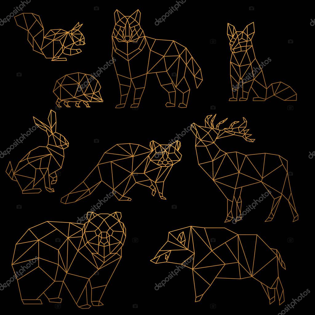 Low poly luxury golden line animals set. Origami poligonal gold line animals. Wolf bear, deer, wild boar, fox, raccoon, rabbit and hedgehog on black background