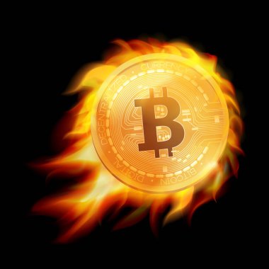 Yanan bitcoin altın sikke simge. Yanan bitcoin amblemi. Vektör çizim.