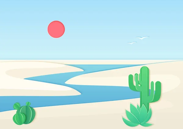 Paisaje desértico de arena blanca con río oasis. Gradiente vectorial ilustración de color . — Archivo Imágenes Vectoriales