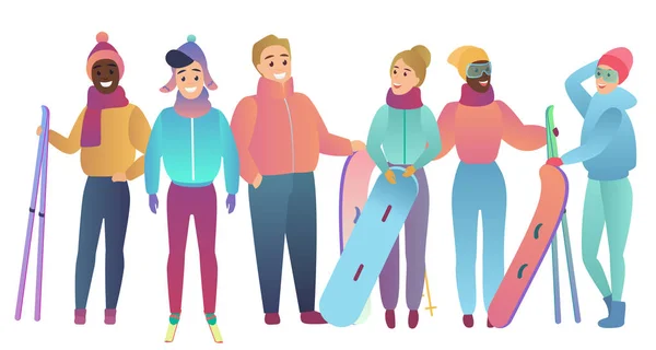 Groupe de mignons skieurs de dessin animé et snowboarders jeunes Illustration vectorielle couleur plate dégradé tendance . — Image vectorielle