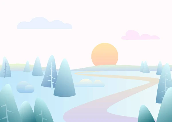 Fantasia semplice inverno strada fiume paesaggio con cartoni animati alberi curvi, gradiente di tendenza vettoriale di colore illustrazione . — Vettoriale Stock