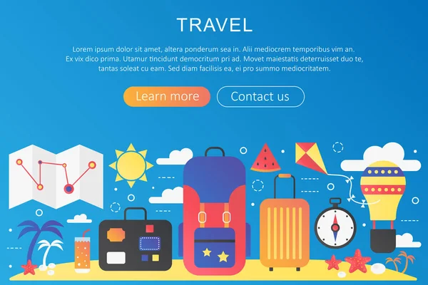 Vector van trendy platte kleurovergang reizen reis avontuur en vakantie concept sjabloon banner met iconen en tekst. — Stockvector