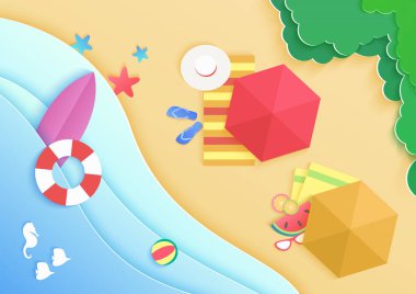 Üstten görünüm çizgi film okyanus deniz plaj arka plan ile şemsiye, yüzmek donuts yüzük, güneş gözlüğü, sörf tahtası, şapka ve deniz yıldızı. Seyahat tatil kavramı afiş.