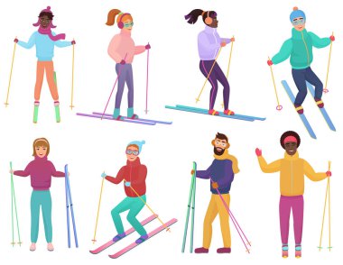 Skiers set. Men and women ski. Trendy flat gradient vector illustration. clipart