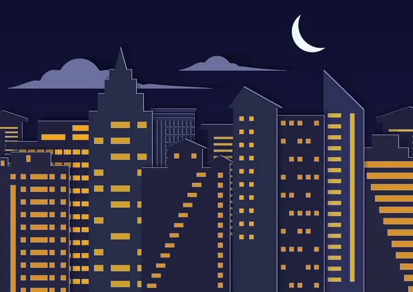 Liggande Papper Mittenrutan Konst Stil Natten Urbana Staden Med Månen — Stock vektor