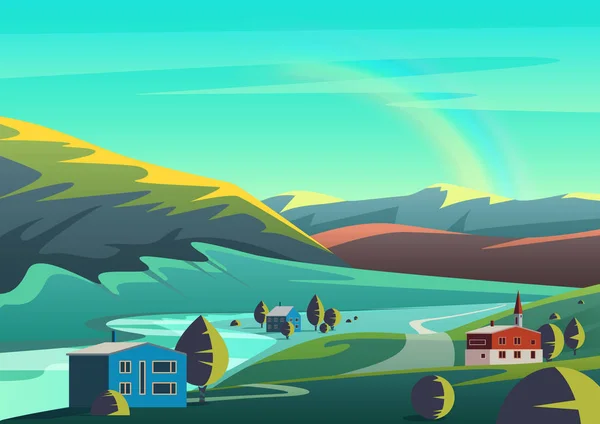 Illustration vectorielle colorée paysage avec peu de maisons ville placée sur des terres de vallée reculée avec des montagnes et ciel bleu avec arc-en-ciel . — Image vectorielle