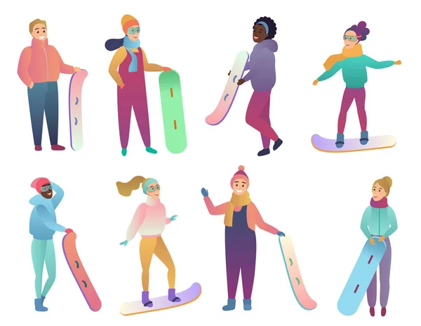 Gruppe von Cartoon-Snowboardern. Menschen mit Snowboards. trendige Gradienten flache Farbvektorillustration. Aktive Wintersport-Freizeit. — Stockvektor