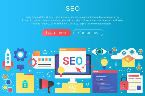 Vector moderno gradiente plano cor seo conceito de otimização banner modelo com ícones e texto . — Vetor de Stock