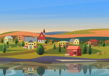  Hills film kamera gürültü efekti zemin üzerine mavi sabah sunsrise gökyüzü altında Nehri'nin kıyısında küçük bir kasaba, yatay evler.