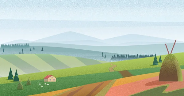 Ilustración de verdes colinas y prados con granja contra montañas azules en neblina. Campo de niebla matutino con efecto de ruido de cámara de película . —  Fotos de Stock