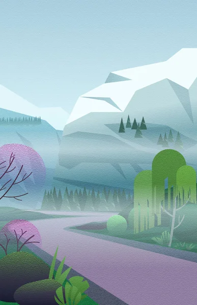 Paisaje vertical con niebla, carretera remota con árboles verdes entre montañas nevadas bajo el cielo azul con efecto de ruido de la cámara de cine . — Foto de Stock