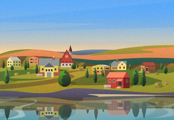 Paisaje de la pequeña ciudad con casas en la orilla del río con colinas bajo el cielo azul amanecer en el fondo con efecto de ruido de la cámara de cine . — Foto de Stock