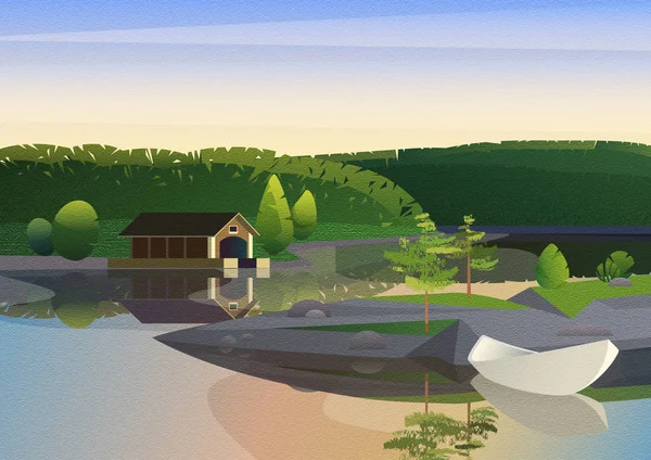 Lugna landskap med remote hus dockan och segelbåt på stranden av sjön i gröna naturen med filmen buller och kartong effekt. — Stockfoto