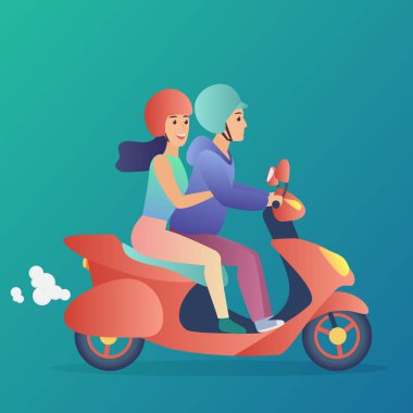 Adam ve kız bir kaç moto scooter sürme vardır. Trendy daire degrade renk tasarlamak vektör.
