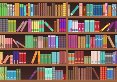 Kütüphane kitap raf edebiyat kitap vektör arka plan çizgi film.