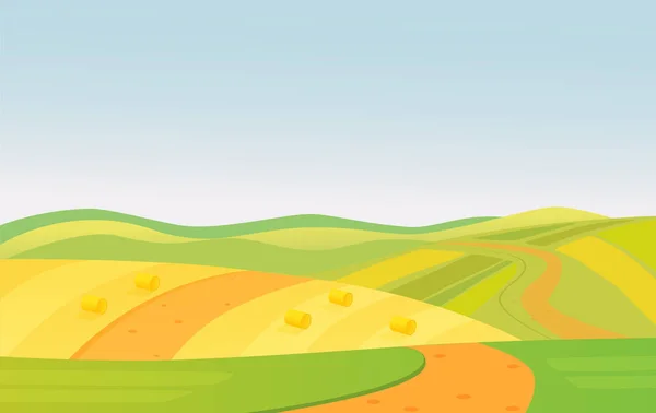 Ilustración vectorial del hermoso paisaje de campos verdes y amarillos rurales de verano . — Archivo Imágenes Vectoriales