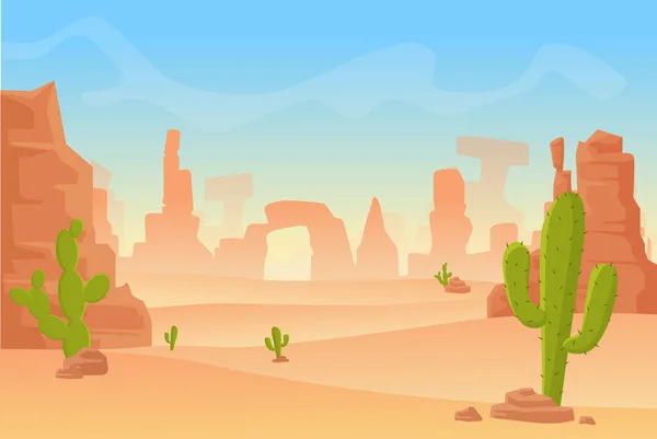 Vektor-Cartoon-Illustration von Western Texas oder mexikanischer Wüstensilhouette. Wilder Westen Amerikas Westernszene mit Bergen und Kakteen in trockener Wüste. — Stockvektor