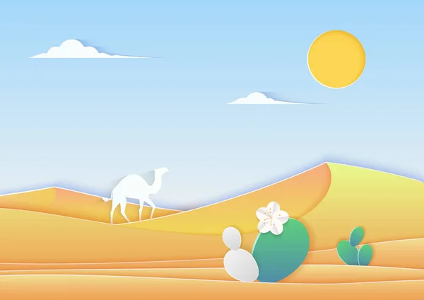 Trendy papier cuted stijl woestijnlandschap met kameel en cactus vectorillustratie. — Stockvector
