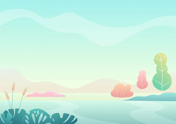 Paysage estival minimaliste fantastique avec des arbres courbes de dessin animé, illustration vectorielle couleur dégradé à la mode . — Image vectorielle