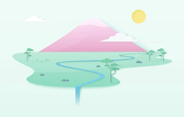 산, 강, 나무, 태양, 구름과 폭포와 유행 부드러운 그라데이션 깨끗 한 세계 그림 개념. 일본 스타일 핑크 산 섬 서식 파일 포스터에. — 스톡 벡터