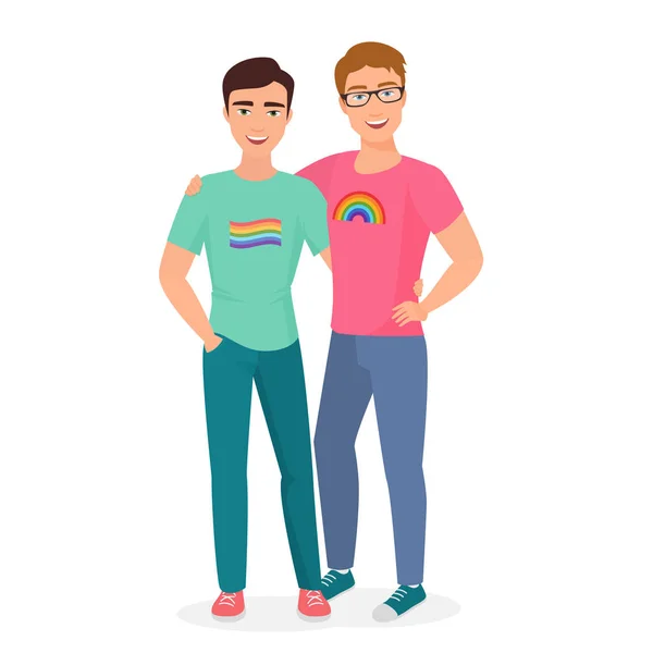 Vector Gay paar poseren en samen knuffelen. Twee mannen homo's trouwen. — Stockvector