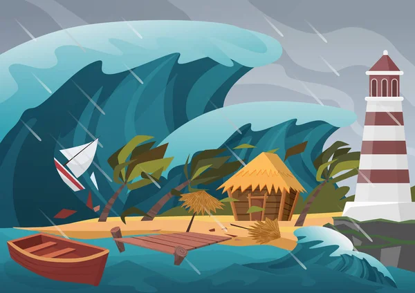 Naturkatastrophe mit Regen und Tsunami-Wellen aus dem Meer mit Holzsteg, Haus, Palmen und Leuchtturm. — Stockvektor