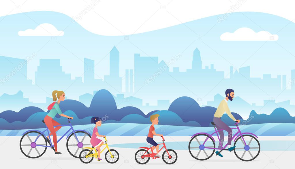 Active family outside vacation trip. Father, mother, daughter and son are riding bicycles in city park. Trendy gradient color vector illustration.