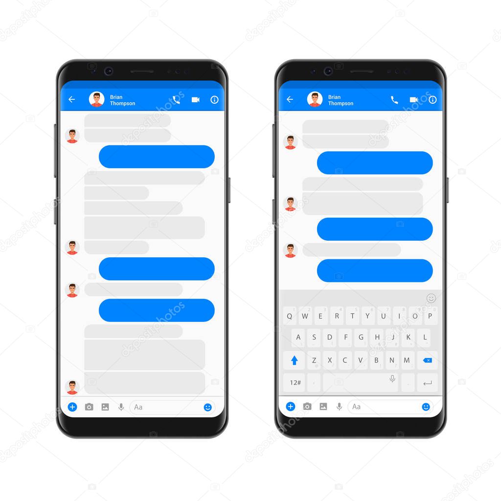 Mobile modern ui kit messenger on the smartphone screen. Chat app template with empty chat bubbles with mobile keyboard. Phone Social network concept. Vector illustration.