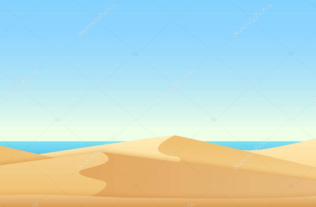 Trendy soft flat gradient color style landscape with desert and ocean sea beach vector illustration.